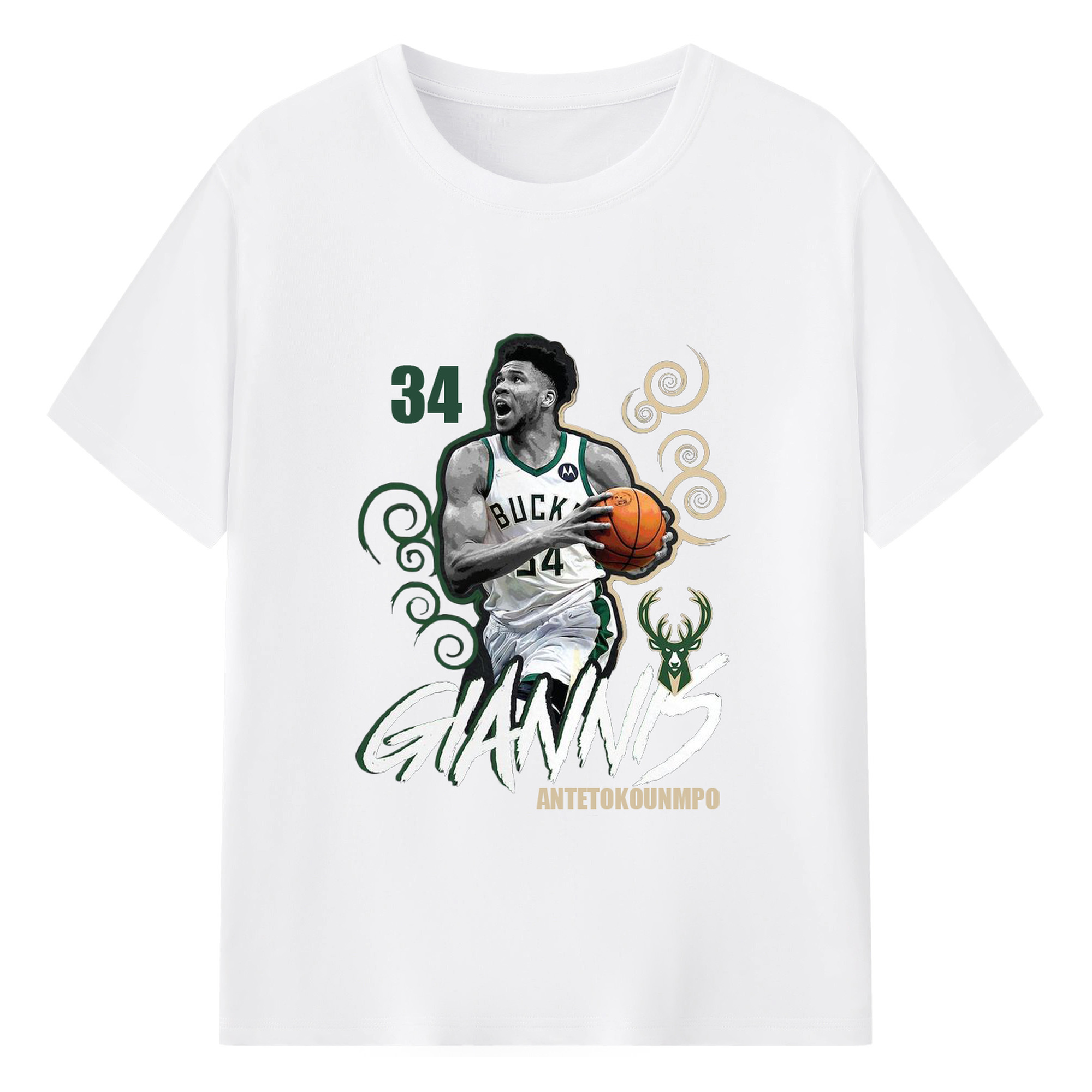 Giannis Antetokounmpo Bucks #34 artistic design Shirt - DIY NBA Heat Transfer T-Shirt – 180g Combed Cotton, Soft & Fitted for Basketball Fans – Customizable Graphic Tee for Game Day & Streetwear