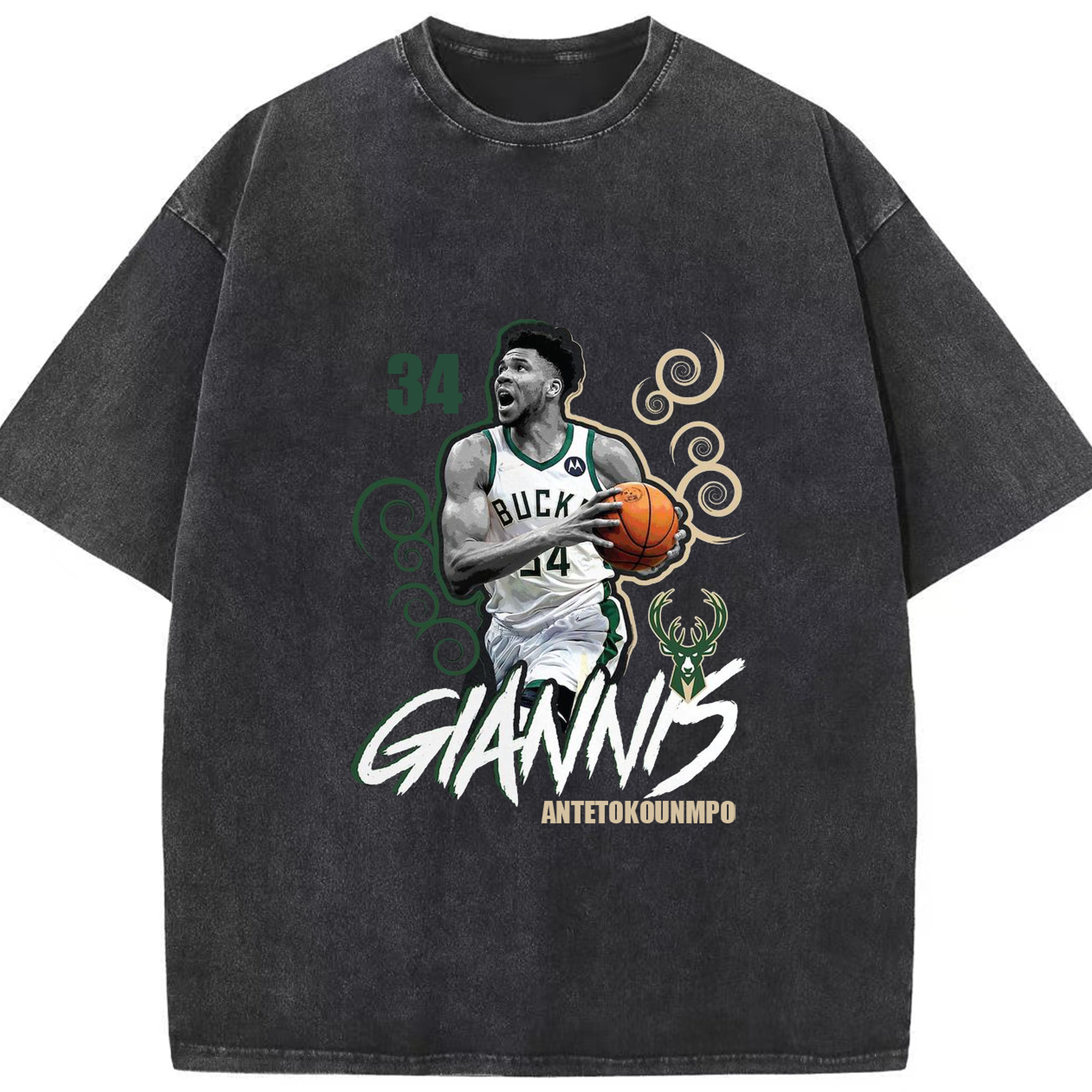 Giannis Antetokounmpo Bucks #34 artistic design Shirt - Customizable NBA Oversized T-Shirt – 230g Combed Cotton, Soft & Vintage Wash – Heat Transfer Print for Basketball Fans – Stylish Casual Wear for Game Day & Everyday Comfort