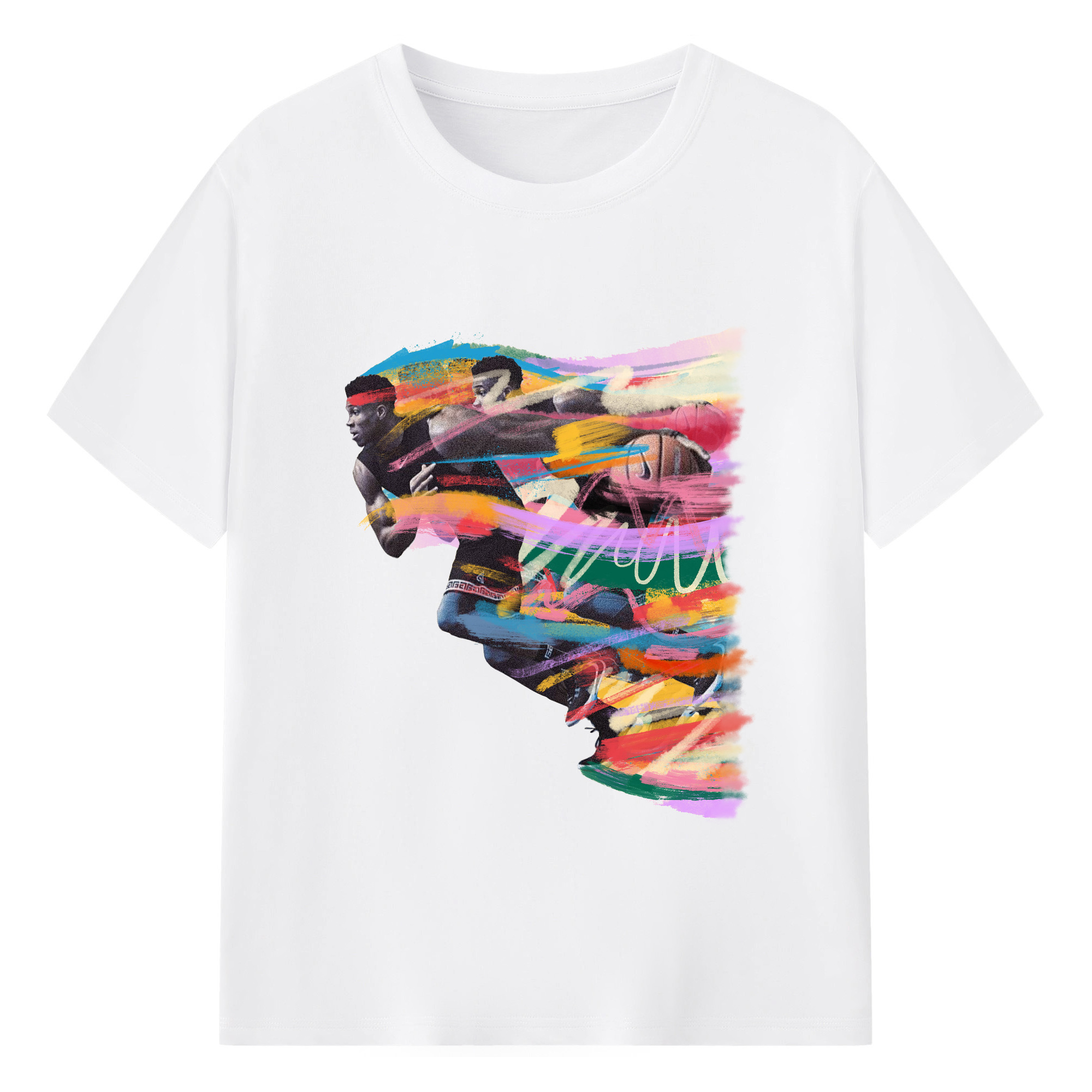 Giannis Antetokounmpo Run Colorful Brushstroke Basketball Art Shirt - DIY NBA Heat Transfer T-Shirt – 180g Combed Cotton, Soft & Fitted for Basketball Fans – Customizable Graphic Tee for Game Day & Streetwear