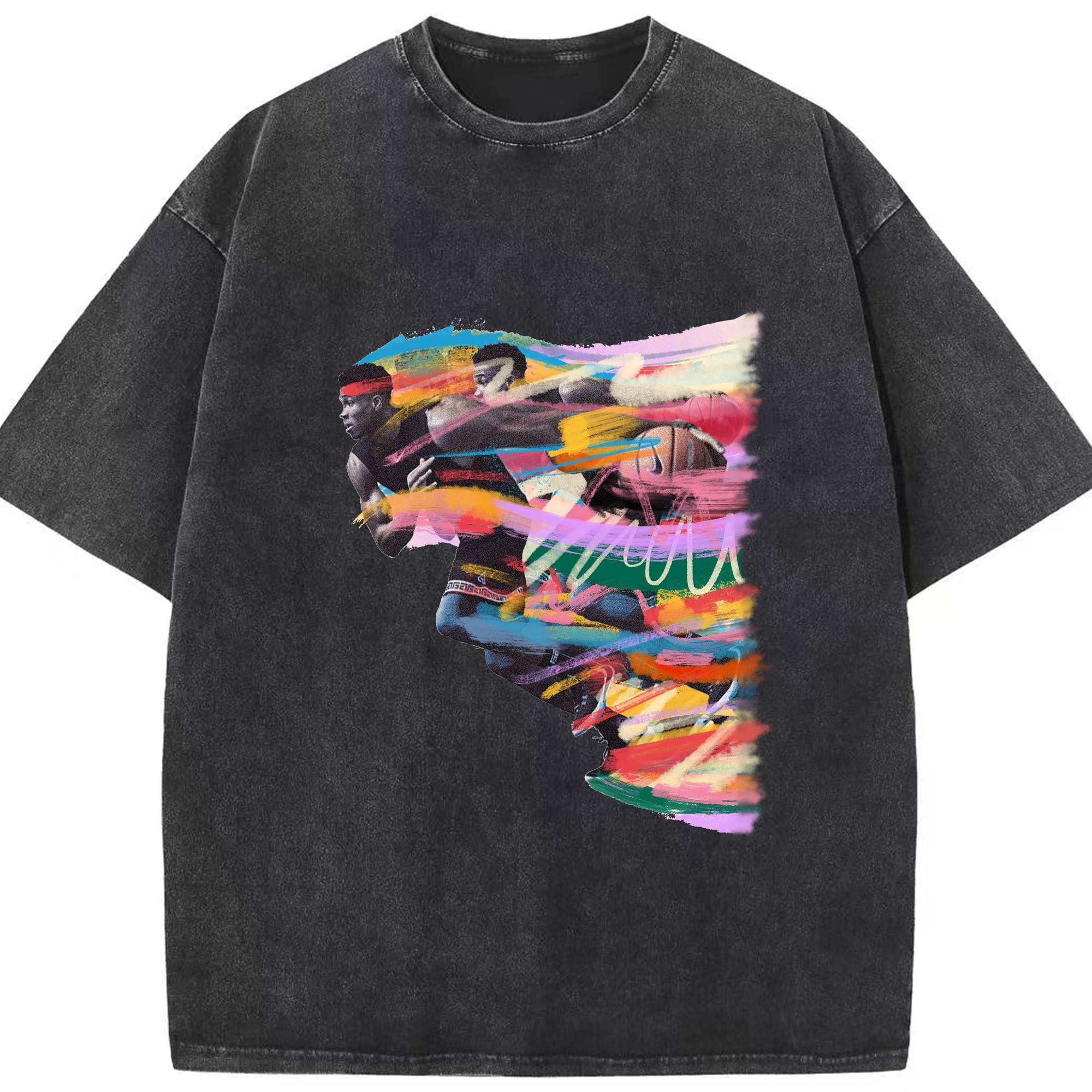 Giannis Antetokounmpo Run Colorful Brushstroke Basketball Art Shirt - Customizable NBA Oversized T-Shirt – 230g Combed Cotton, Soft & Vintage Wash – Heat Transfer Print for Basketball Fans – Stylish Casual Wear for Game Day & Everyday Comfort