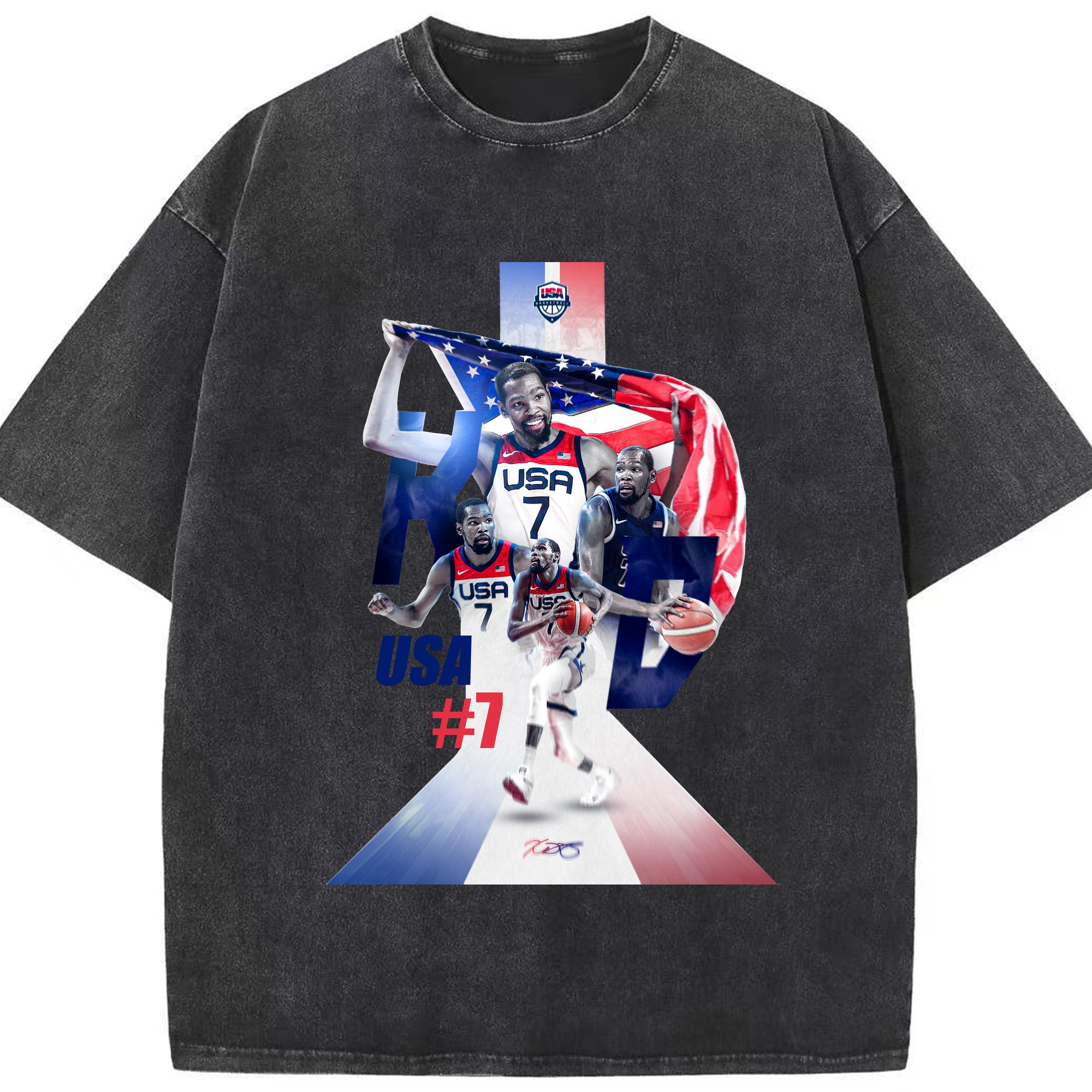 Kevin Durant  #7  Team USA Carpet Art Shirt - Washed Vintage Look 230g Cotton Oversized T-Shirt With Front Heat Transfer Print – Soft, Lightweight, Stylish Fit – Comfortable Casual Wear For Sports & Everyday Use