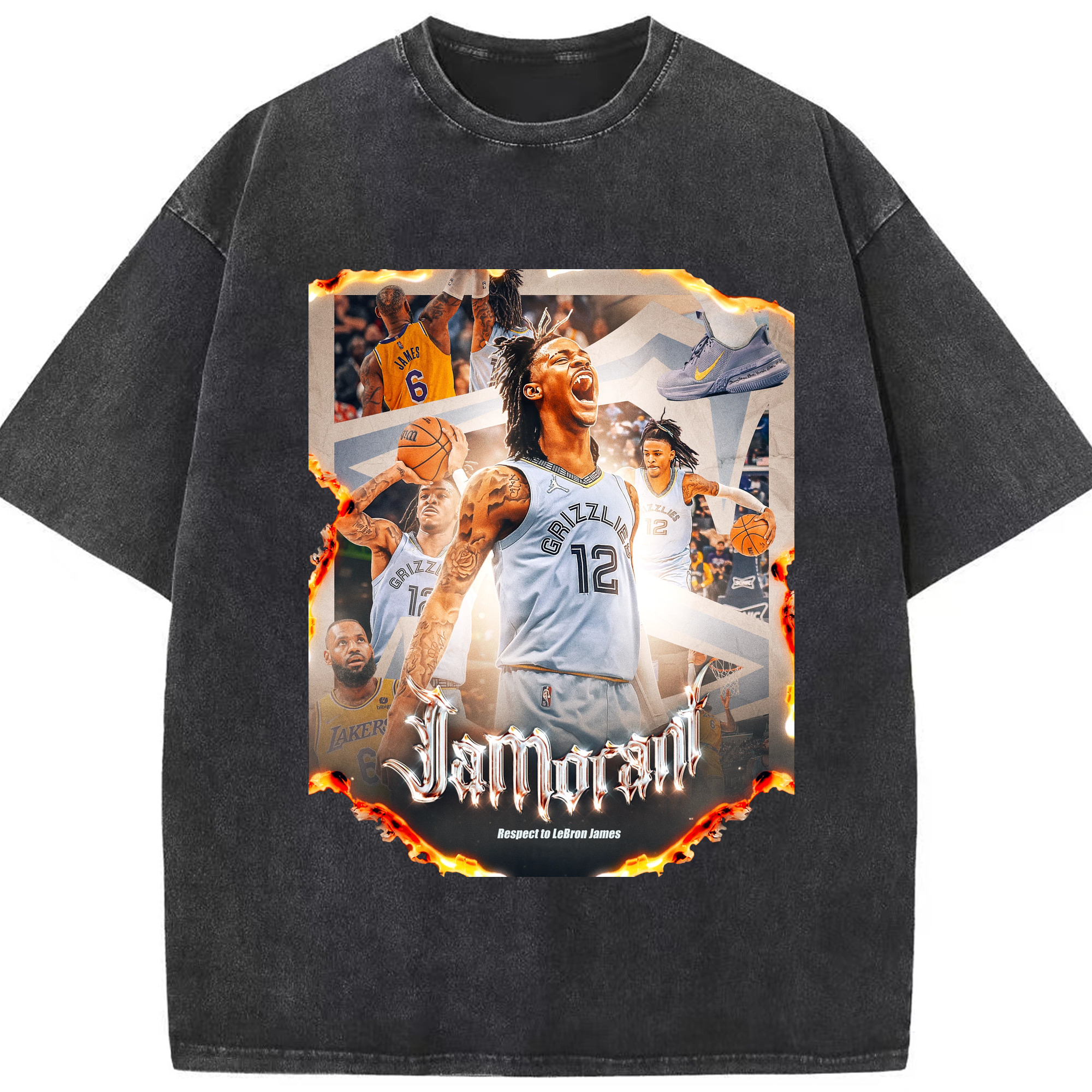 Ja Morant Respect to LeBron James Limited Edition Shirt - Washed Vintage Look 230g Cotton Oversized T-Shirt With Front Heat Transfer Print – Soft, Lightweight, Stylish Fit – Comfortable Casual Wear For Sports & Everyday Use