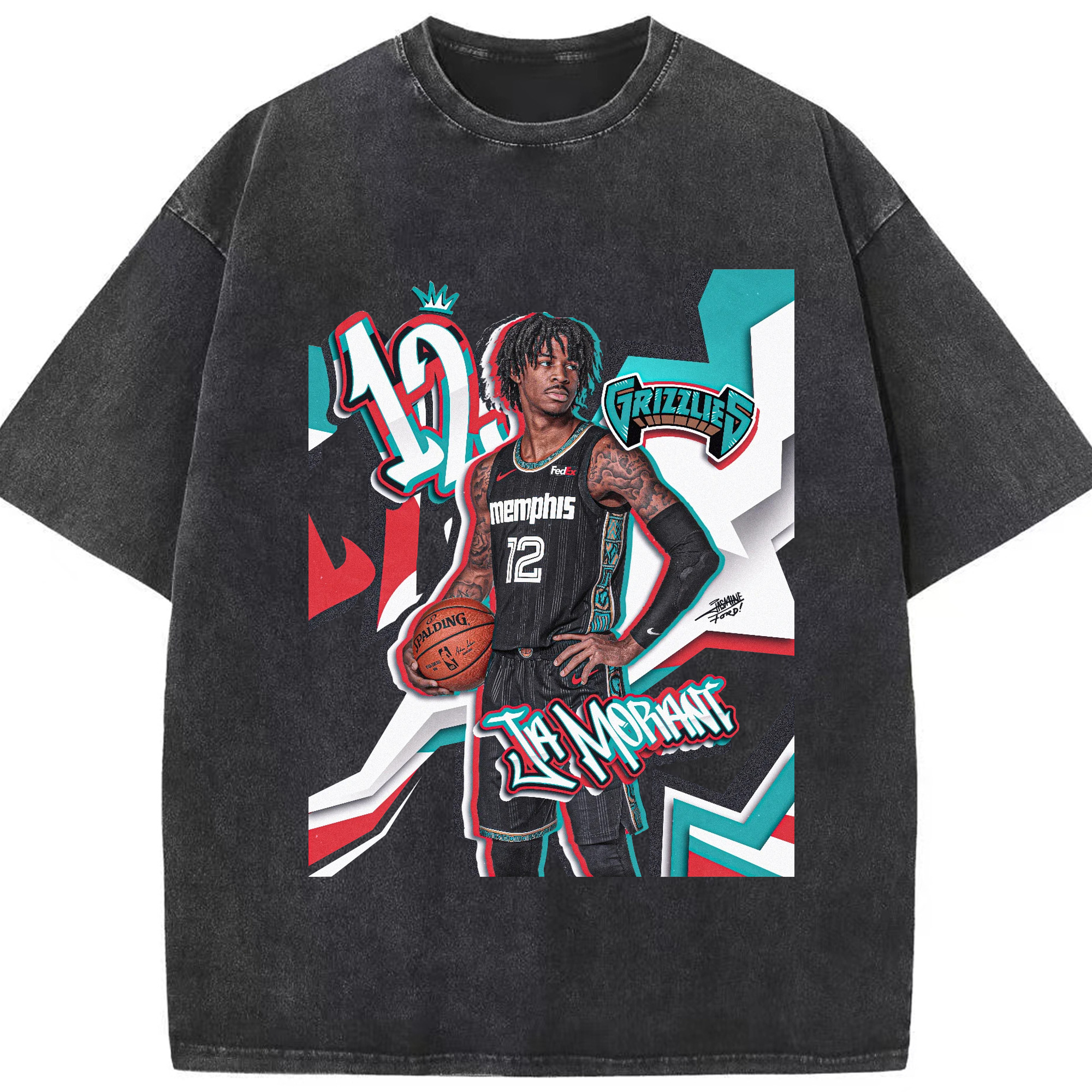 Ja Morant Grizzlies “#12 wearing a crown” Art Shirt - Washed Vintage Look 230g Cotton Oversized T-Shirt With Front Heat Transfer Print – Soft, Lightweight, Stylish Fit – Comfortable Casual Wear For Sports & Everyday Use