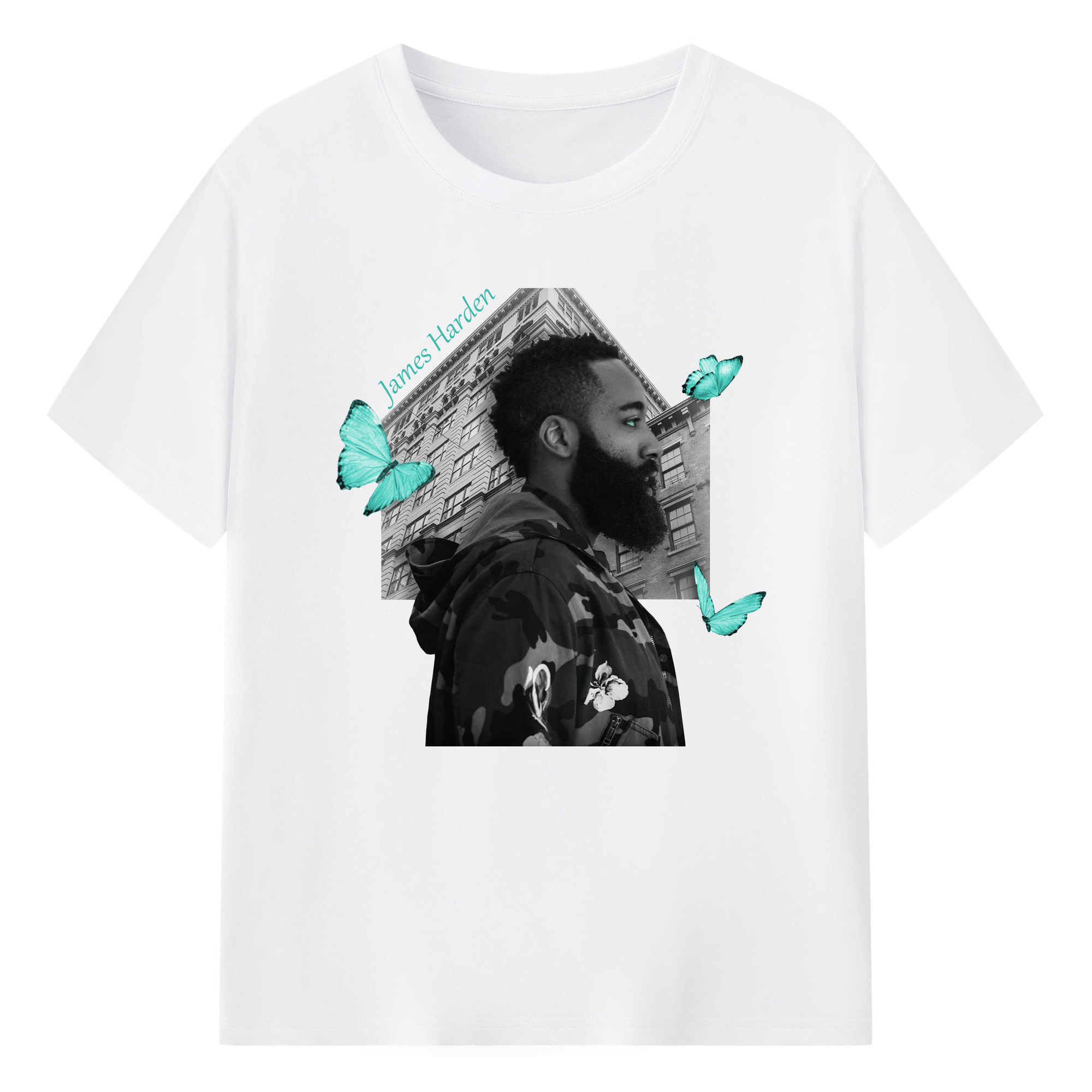 James Harden Tiffany Blue Butterfly Art Shirt - 180g Cotton T-Shirt With Front Heat Transfer Print – Soft, Lightweight, Fitted Design – Comfortable Casual Wear For Sports & Everyday Use