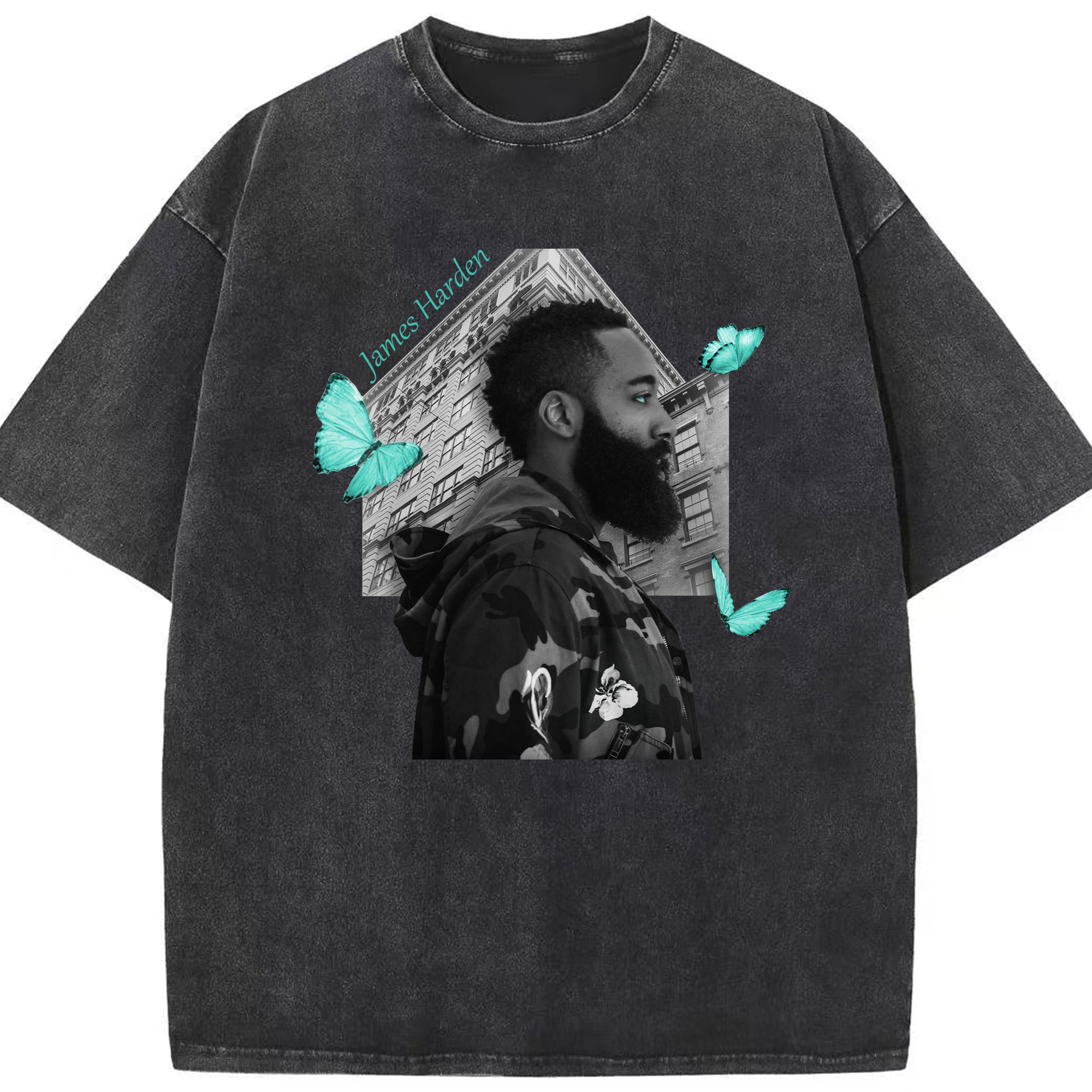 James Harden Tiffany Blue Butterfly Art Shirt - Washed Vintage Look 230g Cotton Oversized T-Shirt With Front Heat Transfer Print – Soft, Lightweight, Stylish Fit – Comfortable Casual Wear For Sports & Everyday Use
