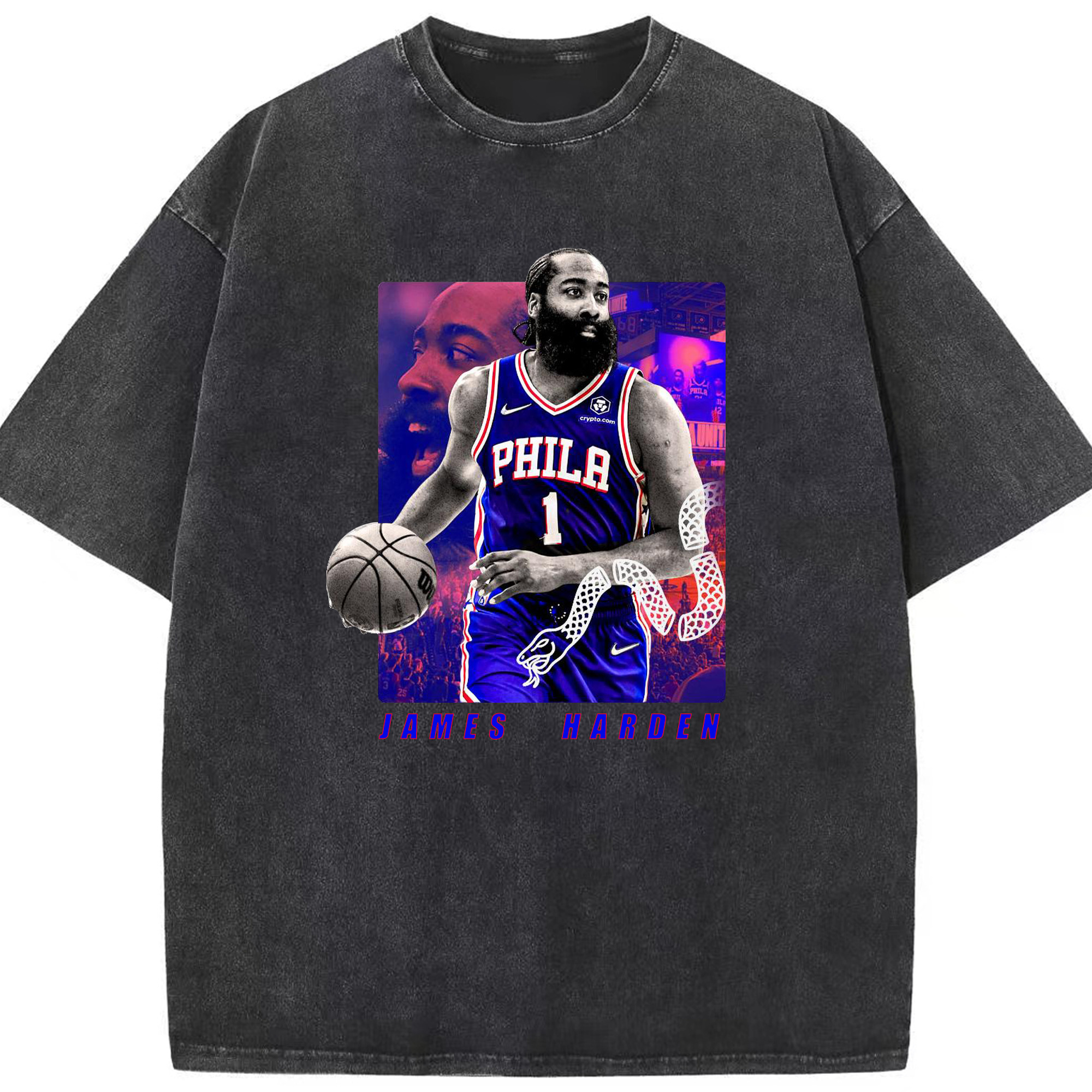 James Harden 76ers #1 White Mamba Art Shirt - Washed Vintage Look 230g Cotton Oversized T-Shirt With Front Heat Transfer Print – Soft, Lightweight, Stylish Fit – Comfortable Casual Wear For Sports & Everyday Use