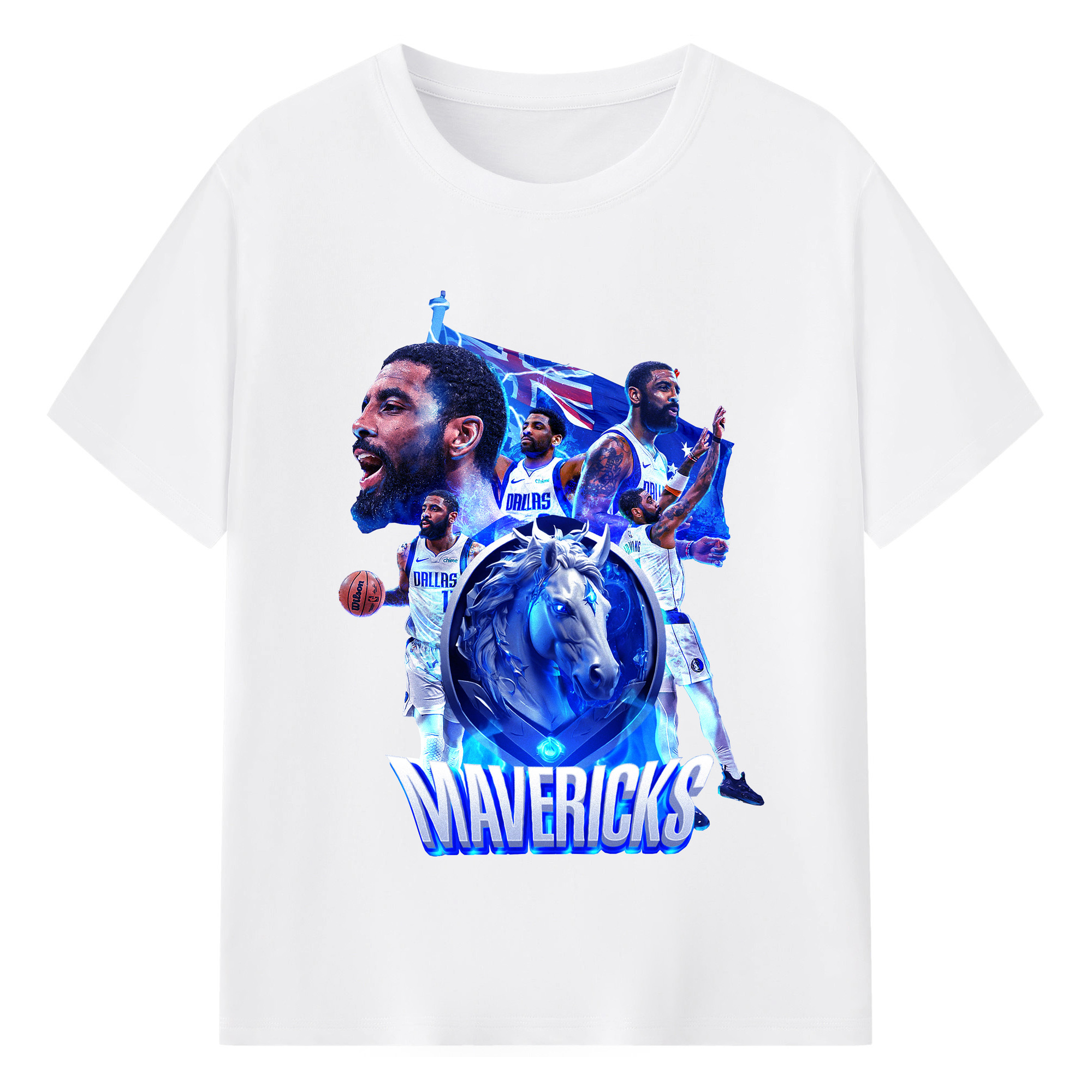 Kyrie Irving Dallas Mavericks 3D team logo POP Shirt - 180g Cotton T-Shirt With Front Heat Transfer Print – Soft, Lightweight, Fitted Design – Comfortable Casual Wear For Sports & Everyday Use