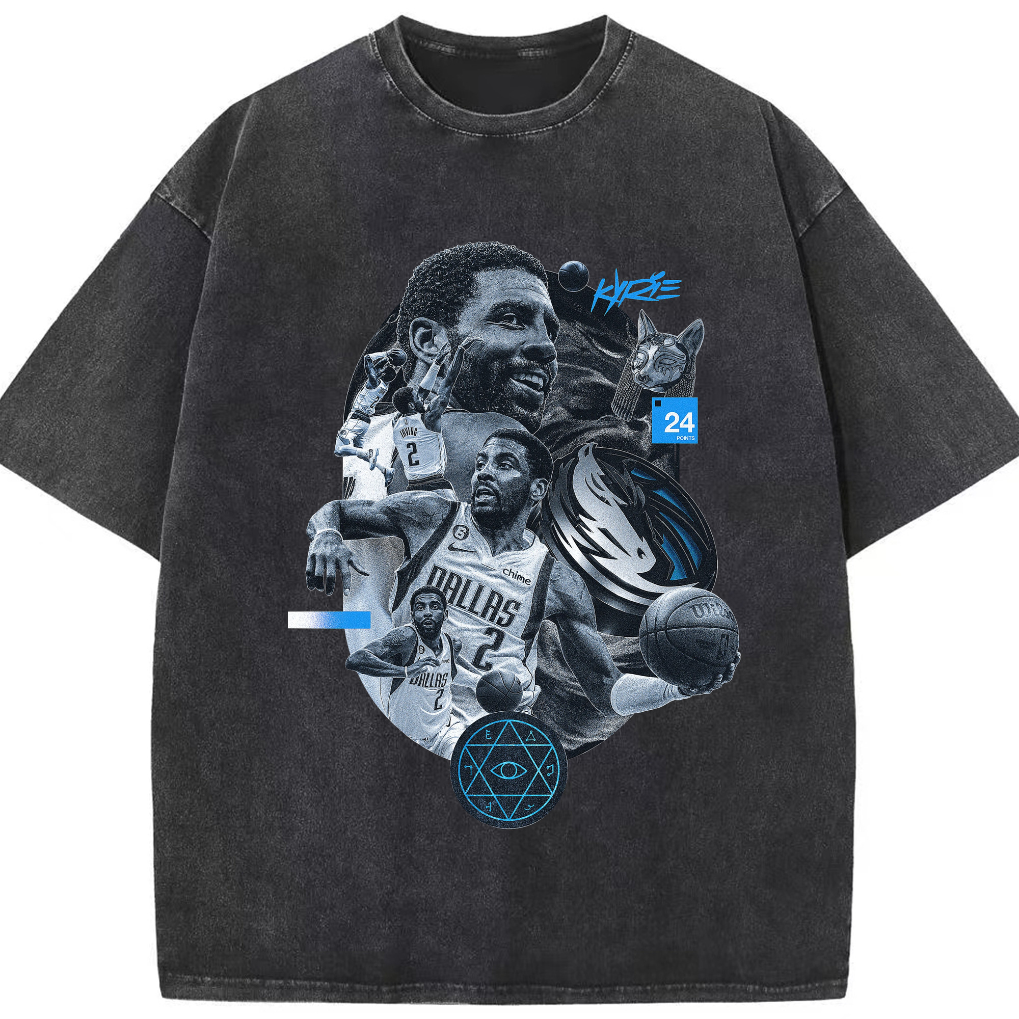 Kyrie Irving Dallas Mavericks Hexagram totem Art Shirt - Washed Vintage Look 230g Cotton Oversized T-Shirt With Front Heat Transfer Print – Soft, Lightweight, Stylish Fit – Comfortable Casual Wear For Sports & Everyday Use