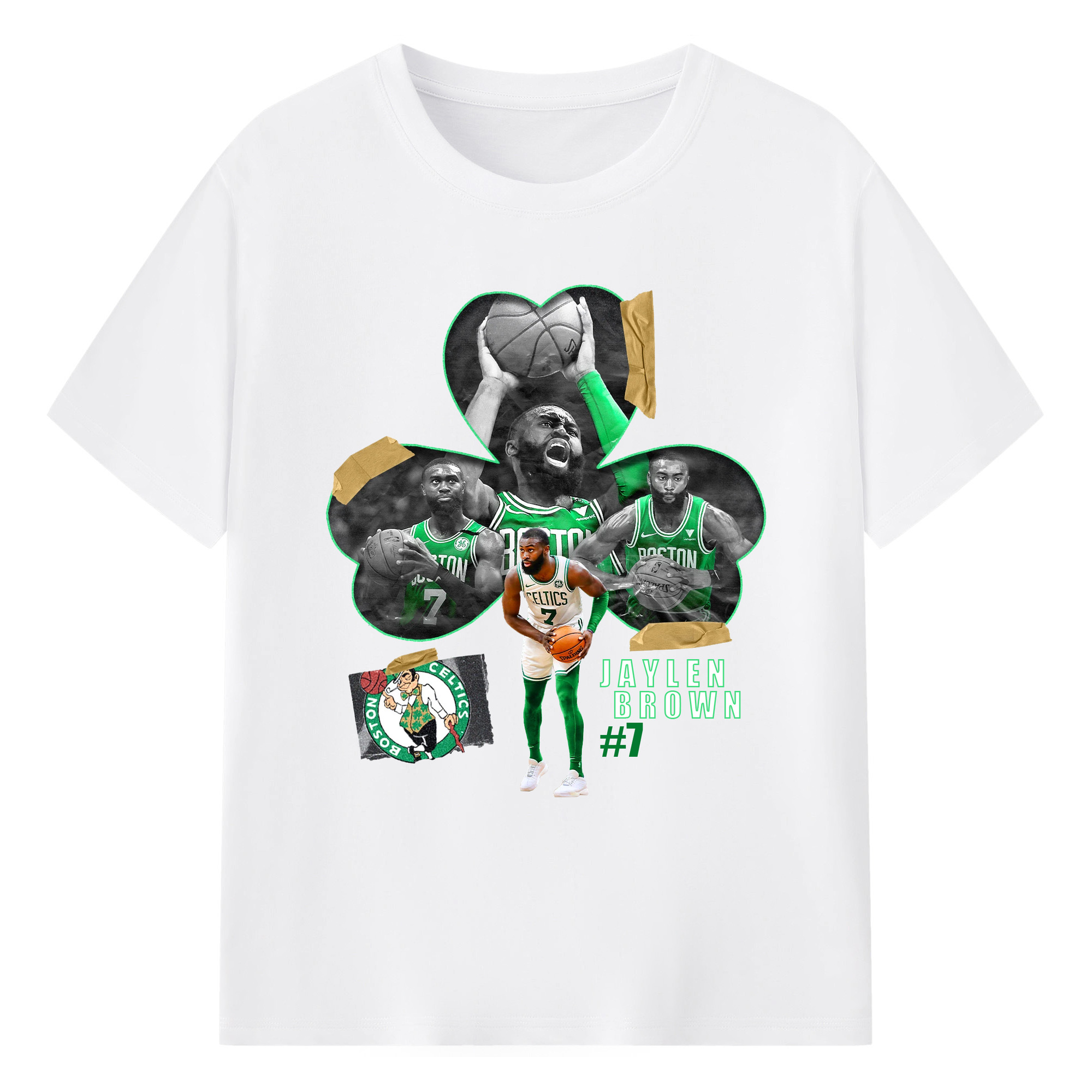 Jaylen Brown Boston Celtics #7 clover design Shirt - 180g Cotton T-Shirt With Front Heat Transfer Print – Soft, Lightweight, Fitted Design – Comfortable Casual Wear For Sports & Everyday Use