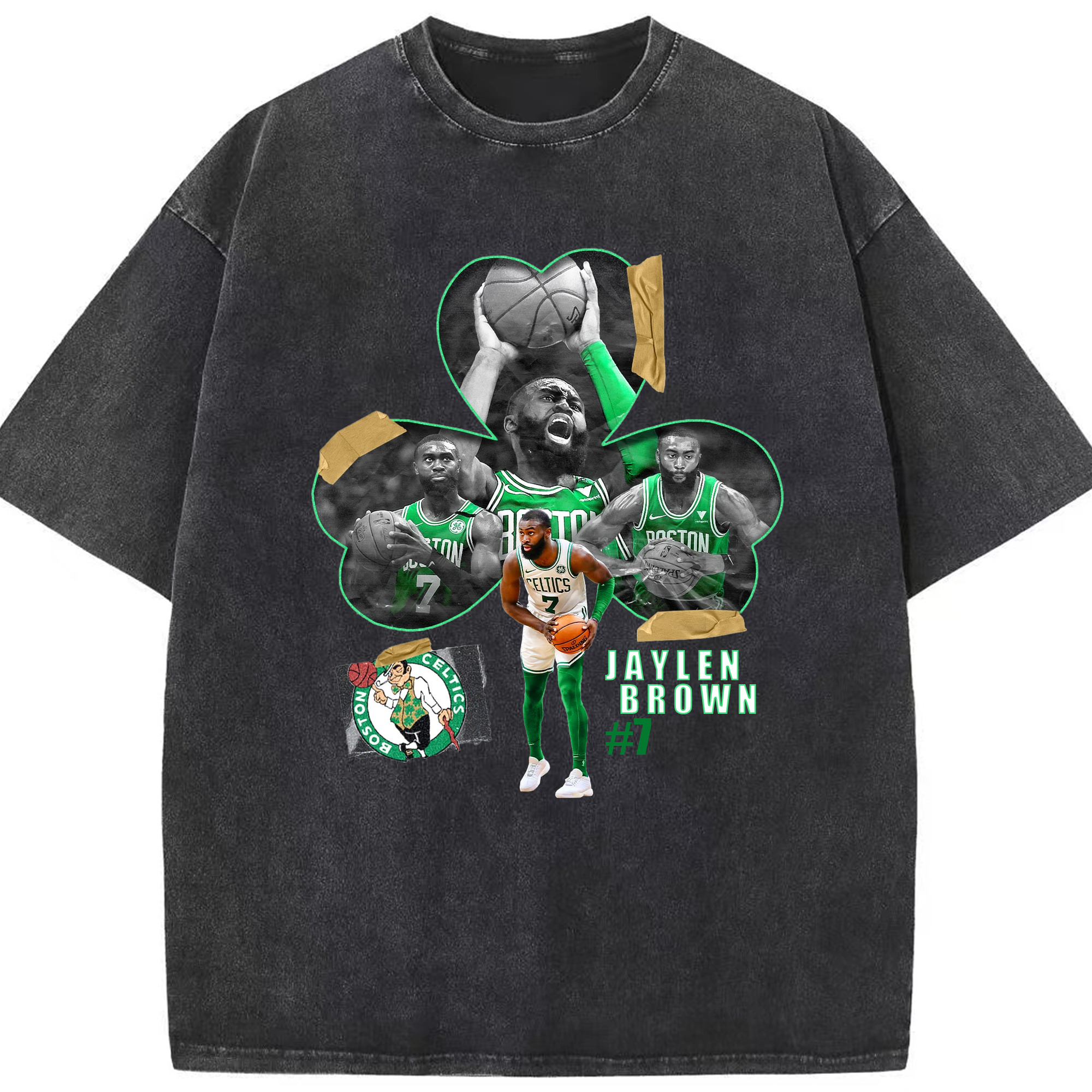 Jaylen Brown Boston Celtics #7 clover design Shirt - Washed Vintage Look 230g Cotton Oversized T-Shirt With Front Heat Transfer Print – Soft, Lightweight, Stylish Fit – Comfortable Casual Wear For Sports & Everyday Use