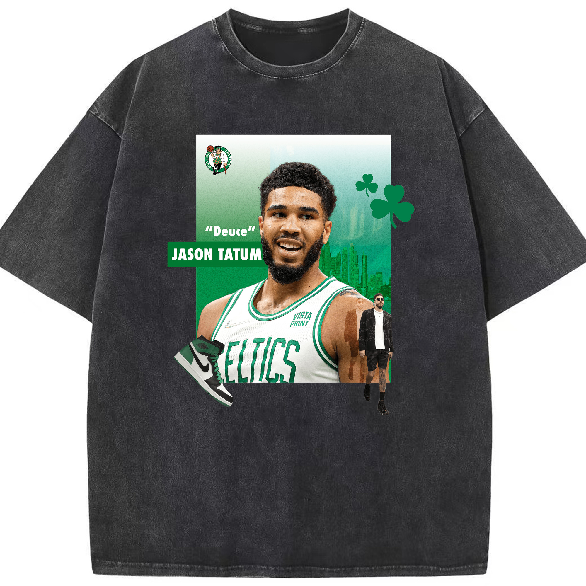 Jayson Tatum Boston Celtics on - court&off - court Art Shirt - Washed Vintage Look 230g Cotton Oversized T-Shirt With Front Heat Transfer Print – Soft, Lightweight, Stylish Fit – Comfortable Casual Wear For Sports & Everyday Use