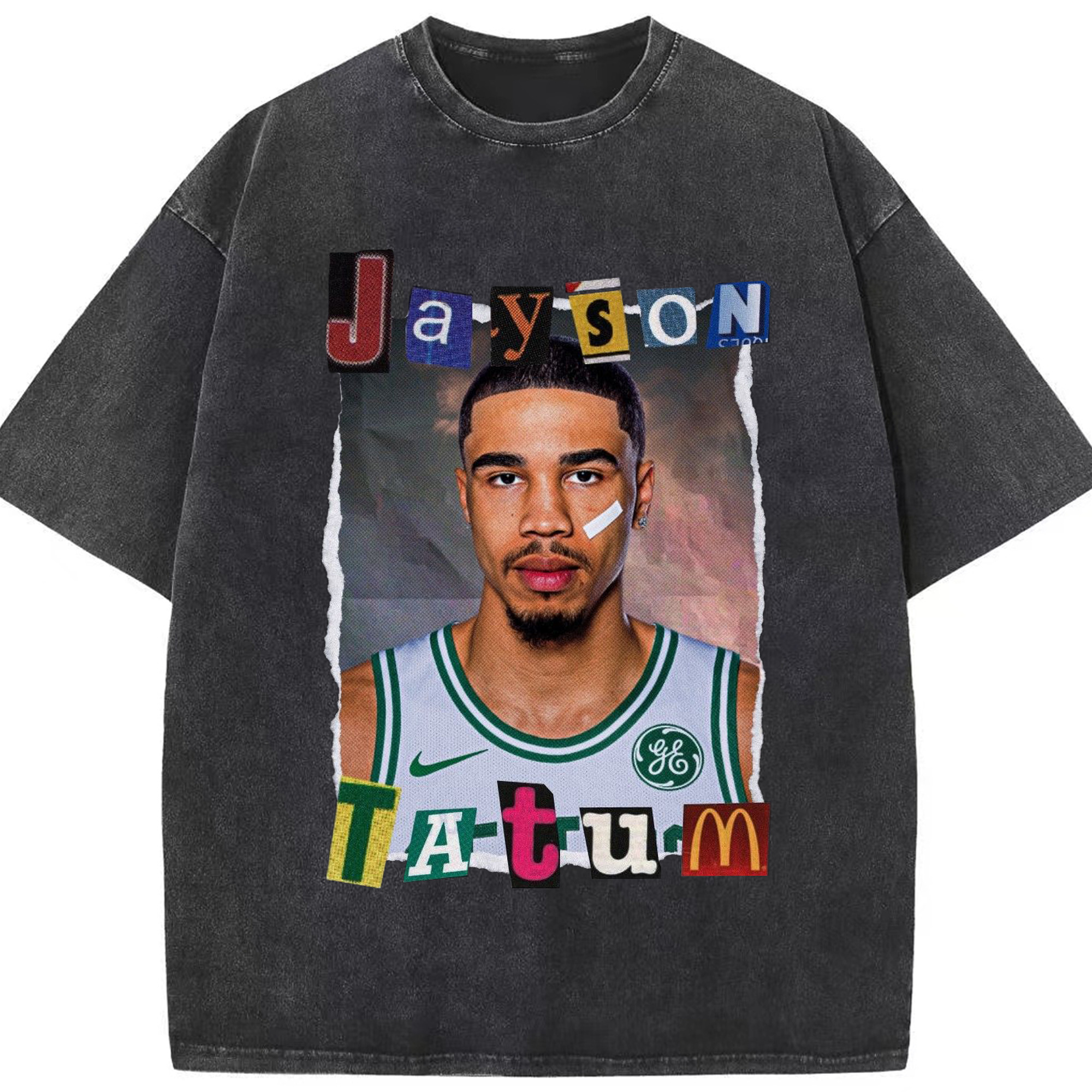 Jayson Tatum Boston Celtics Creative collage design Shirt - Washed Vintage Look 230g Cotton Oversized T-Shirt With Front Heat Transfer Print – Soft, Lightweight, Stylish Fit – Comfortable Casual Wear For Sports & Everyday Use