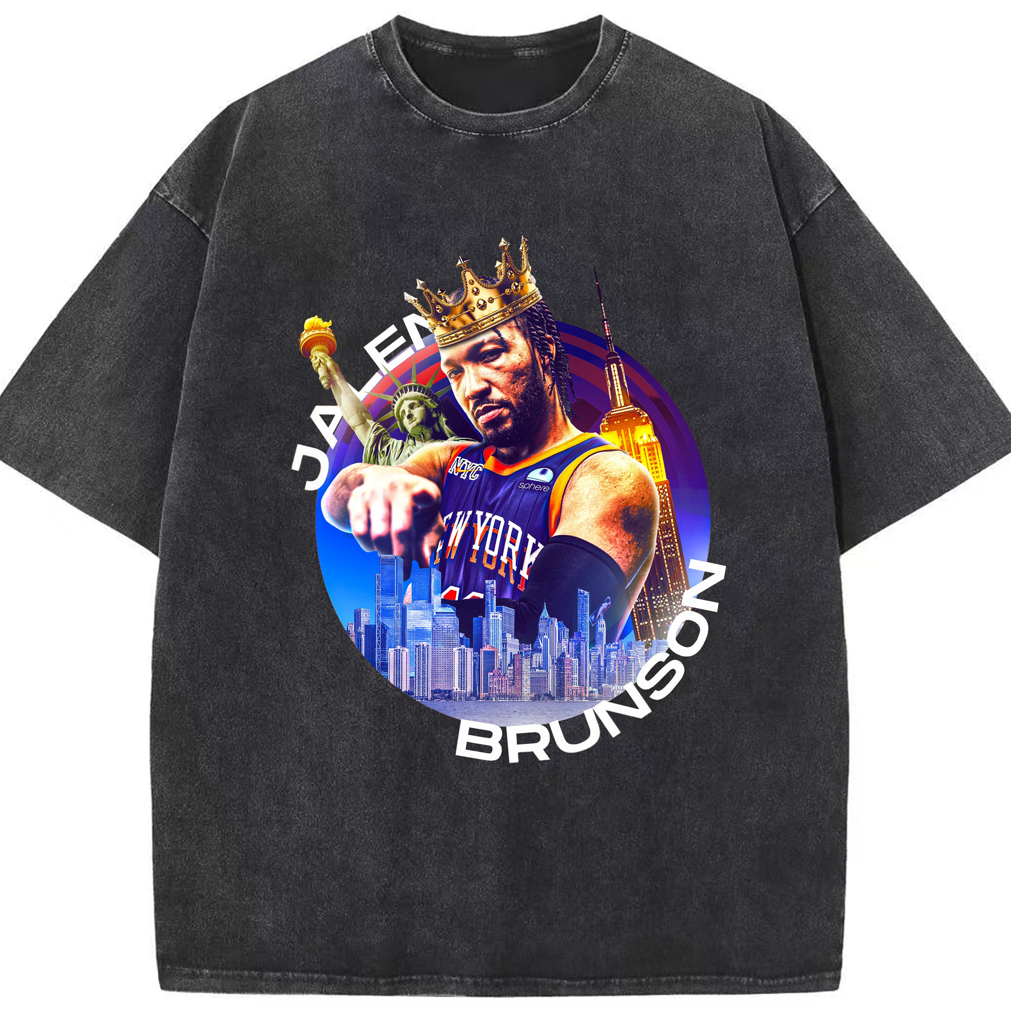 Jalen Brunson King of the New York Knicks Image Shirt - Washed Vintage Look 230g Cotton Oversized T-Shirt With Front Heat Transfer Print – Soft, Lightweight, Stylish Fit – Comfortable Casual Wear For Sports & Everyday Use
