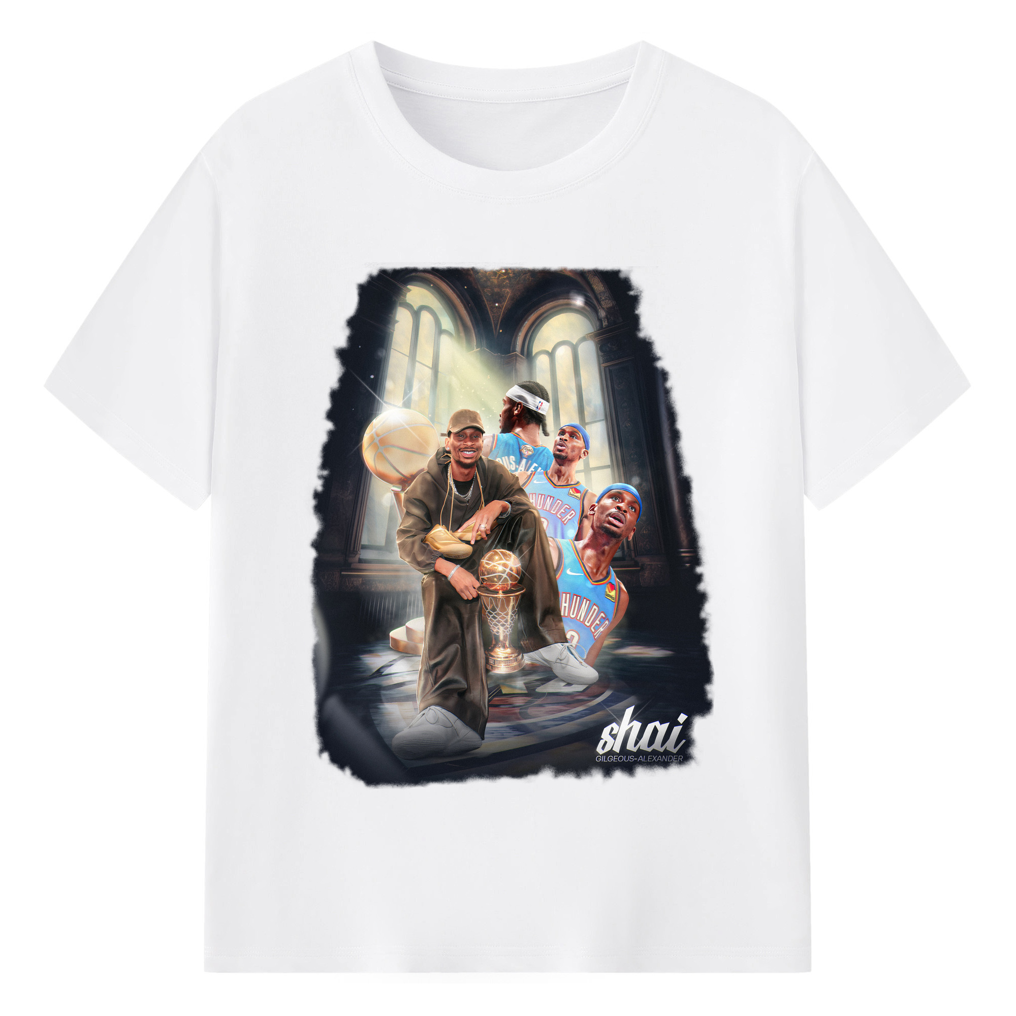 Shai Gilgeous - Alexander Thunder Champion Retro Oil Painting Texture Shirt - 180g Cotton T-Shirt With Front Heat Transfer Print – Soft, Lightweight, Fitted Design – Comfortable Casual Wear For Sports & Everyday Use