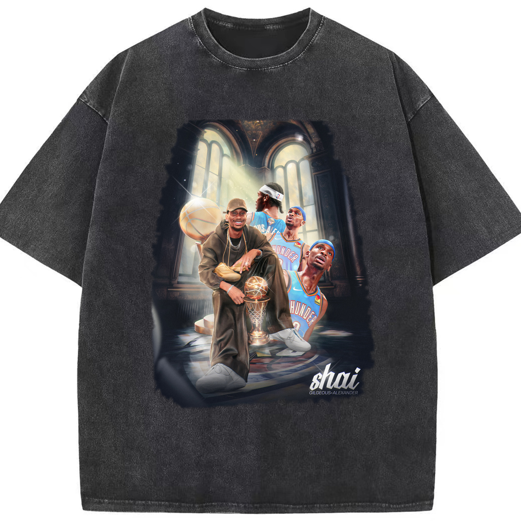 Shai Gilgeous - Alexander Thunder Champion Retro Oil Painting Texture Shirt - Washed Vintage Look 230g Cotton Oversized T-Shirt With Front Heat Transfer Print – Soft, Lightweight, Stylish Fit – Comfortable Casual Wear For Sports & Everyday Use