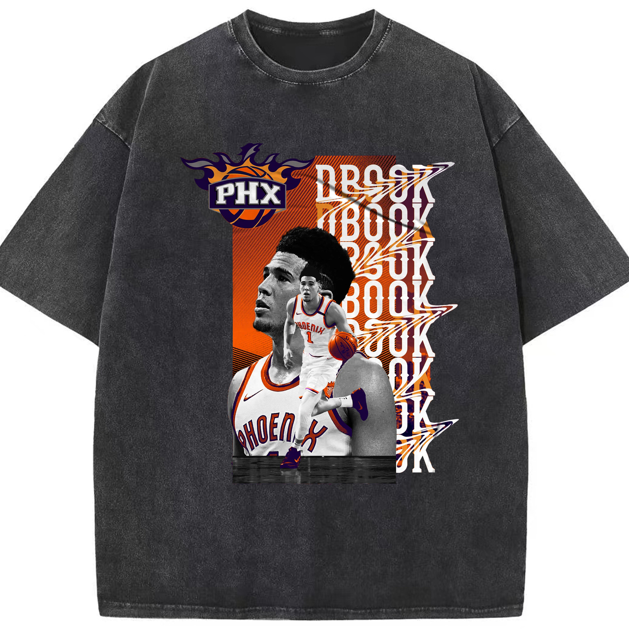 Phoenix Suns Devin Booker Retro Collage Basketball Shirt - Washed Vintage Look 230g Cotton Oversized T-Shirt With Front Heat Transfer Print – Soft, Lightweight, Stylish Fit – Comfortable Casual Wear For Sports & Everyday Use