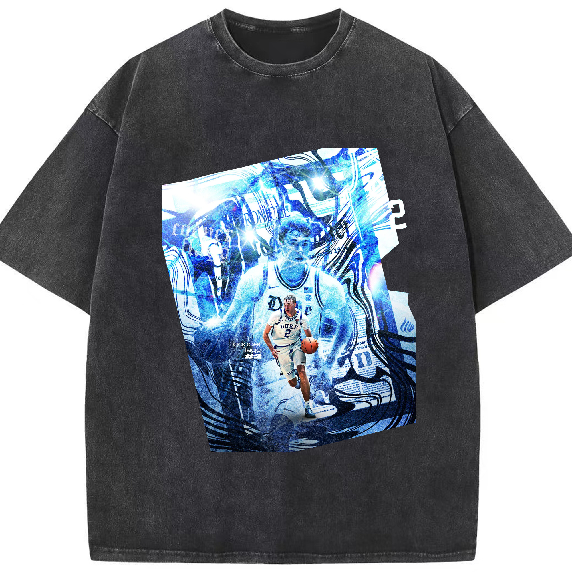 Cooper Flagg NCAA  Duke Cyber Collage - Washed Vintage Look 230g Cotton Oversized T-Shirt With Front Heat Transfer Print – Soft, Lightweight, Stylish Fit – Comfortable Casual Wear For Sports & Everyday Use
