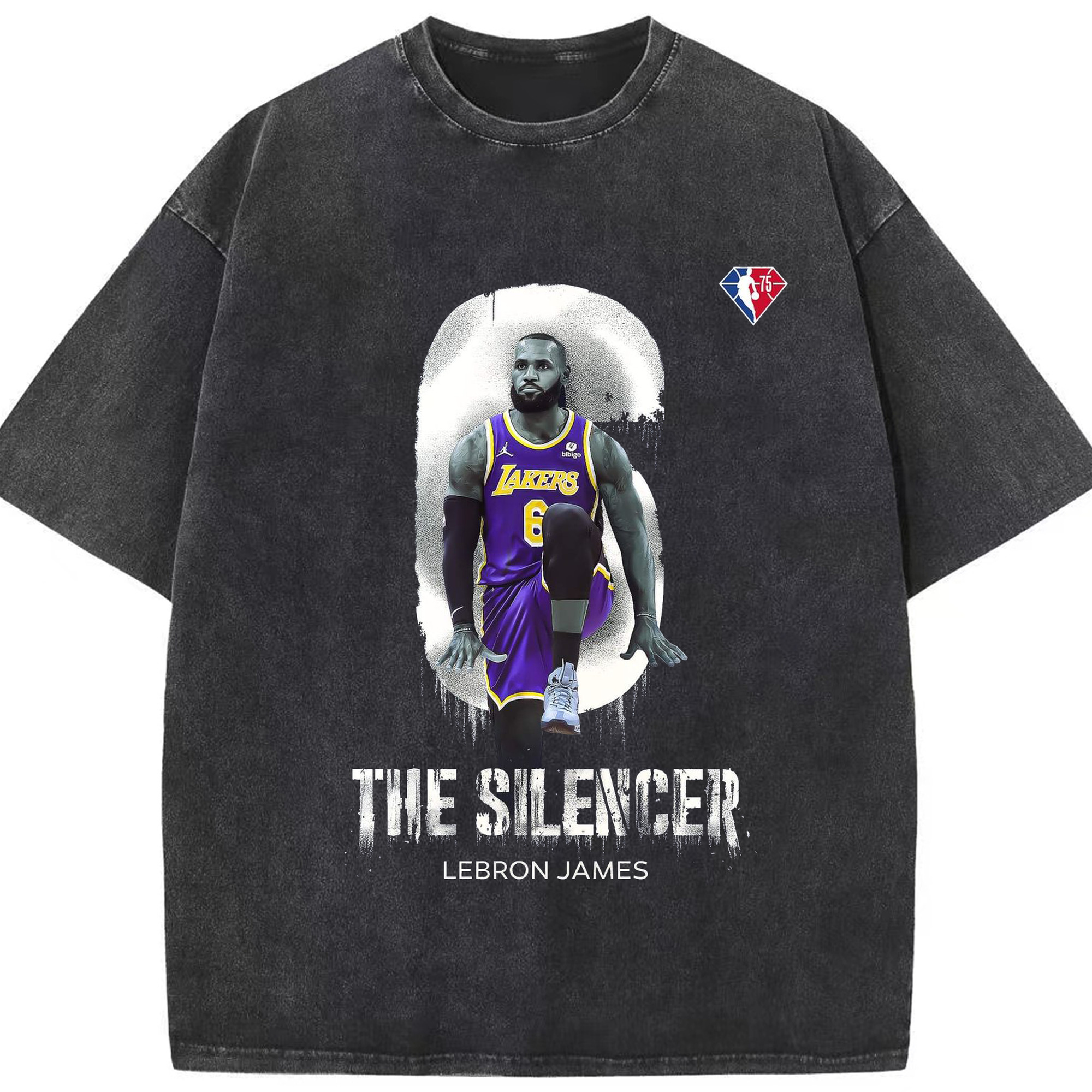 LeBron James "The Silencer" 75 Superstars Graphic Shirt - Washed Vintage Look 230g Cotton Oversized T-Shirt With Front Heat Transfer Print – Soft, Lightweight, Stylish Fit – Comfortable Casual Wear For Sports & Everyday Use