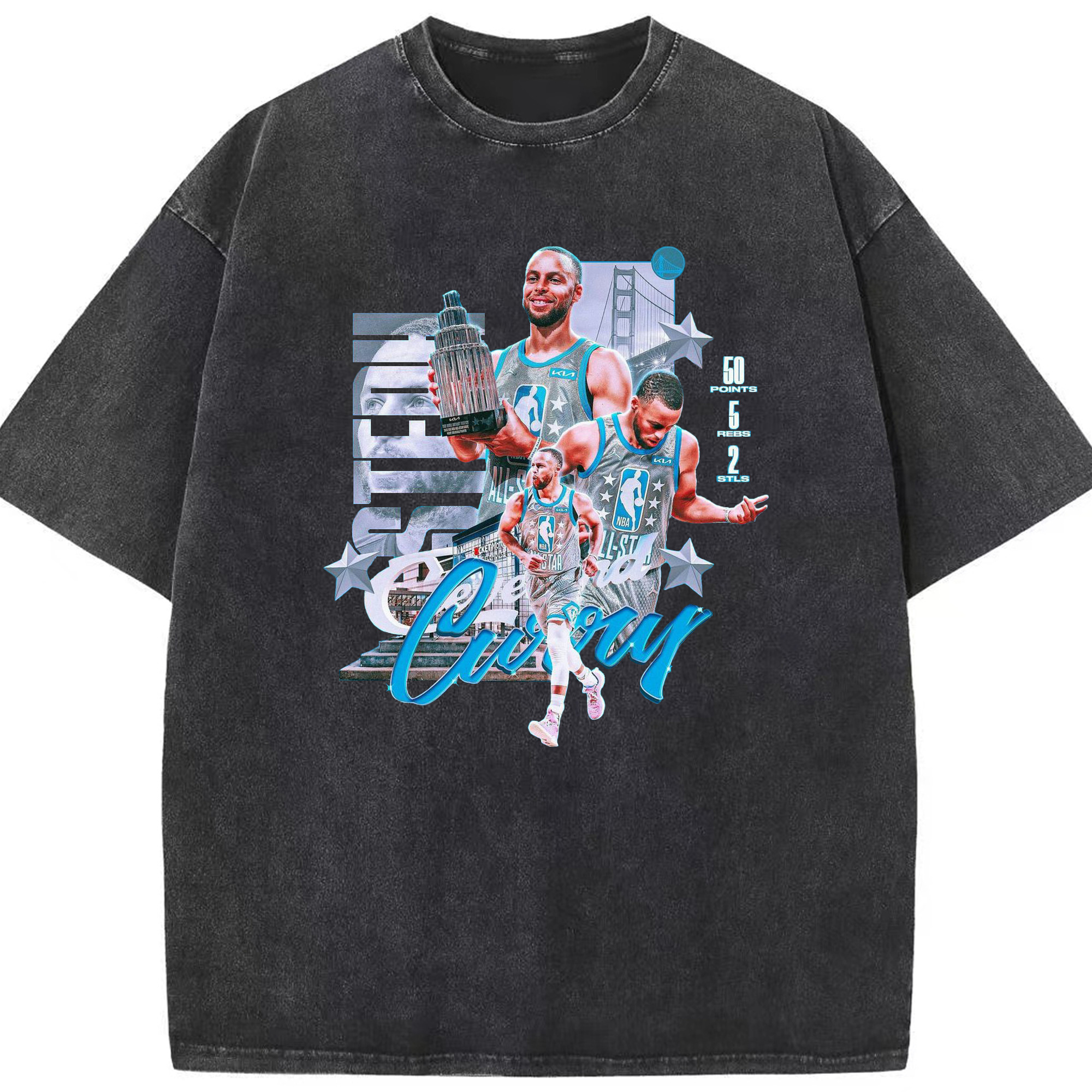 Stephen Curry 50-Point All-Star MVP Shirt - Washed Vintage Look 230g Cotton Oversized T-Shirt With Front Heat Transfer Print – Soft, Lightweight, Stylish Fit – Comfortable Casual Wear For Sports & Everyday Use