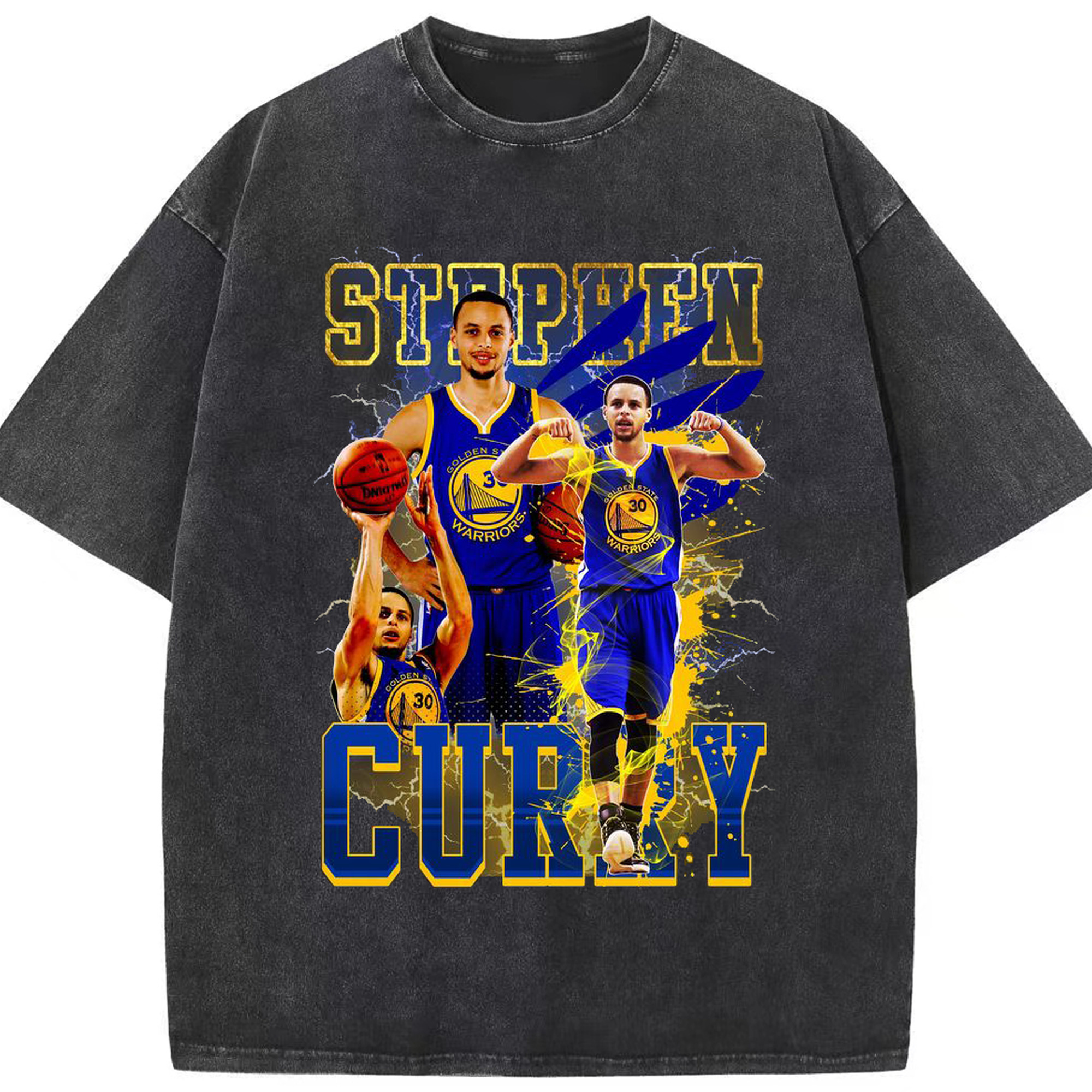 Stephen Curry 30 Classic Blue Gold Warriors Jersey Shirt - Washed Vintage Look 230g Cotton Oversized T-Shirt With Front Heat Transfer Print – Soft, Lightweight, Stylish Fit – Comfortable Casual Wear For Sports & Everyday Use