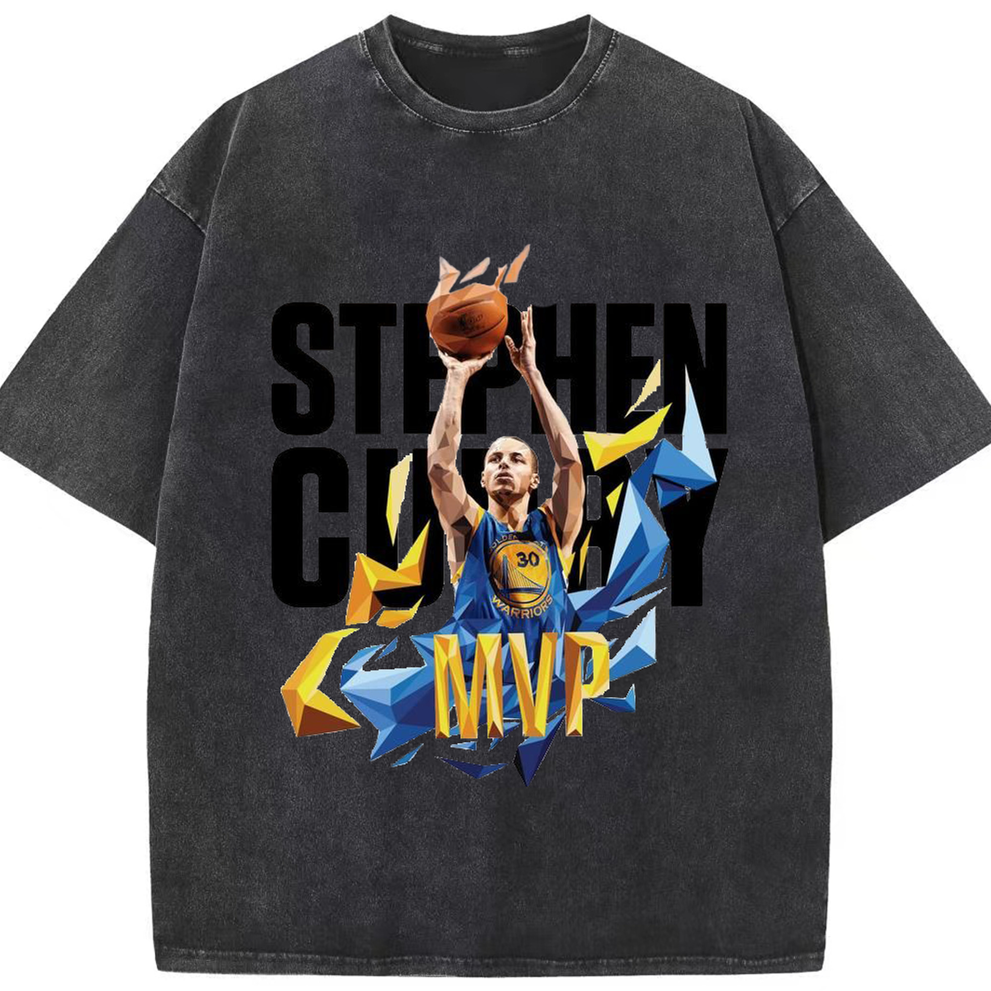 Stephen Curry MVP Polygon Art Shirt - Washed Vintage Look 230g Cotton Oversized T-Shirt With Front Heat Transfer Print – Soft, Lightweight, Stylish Fit – Comfortable Casual Wear For Sports & Everyday Use