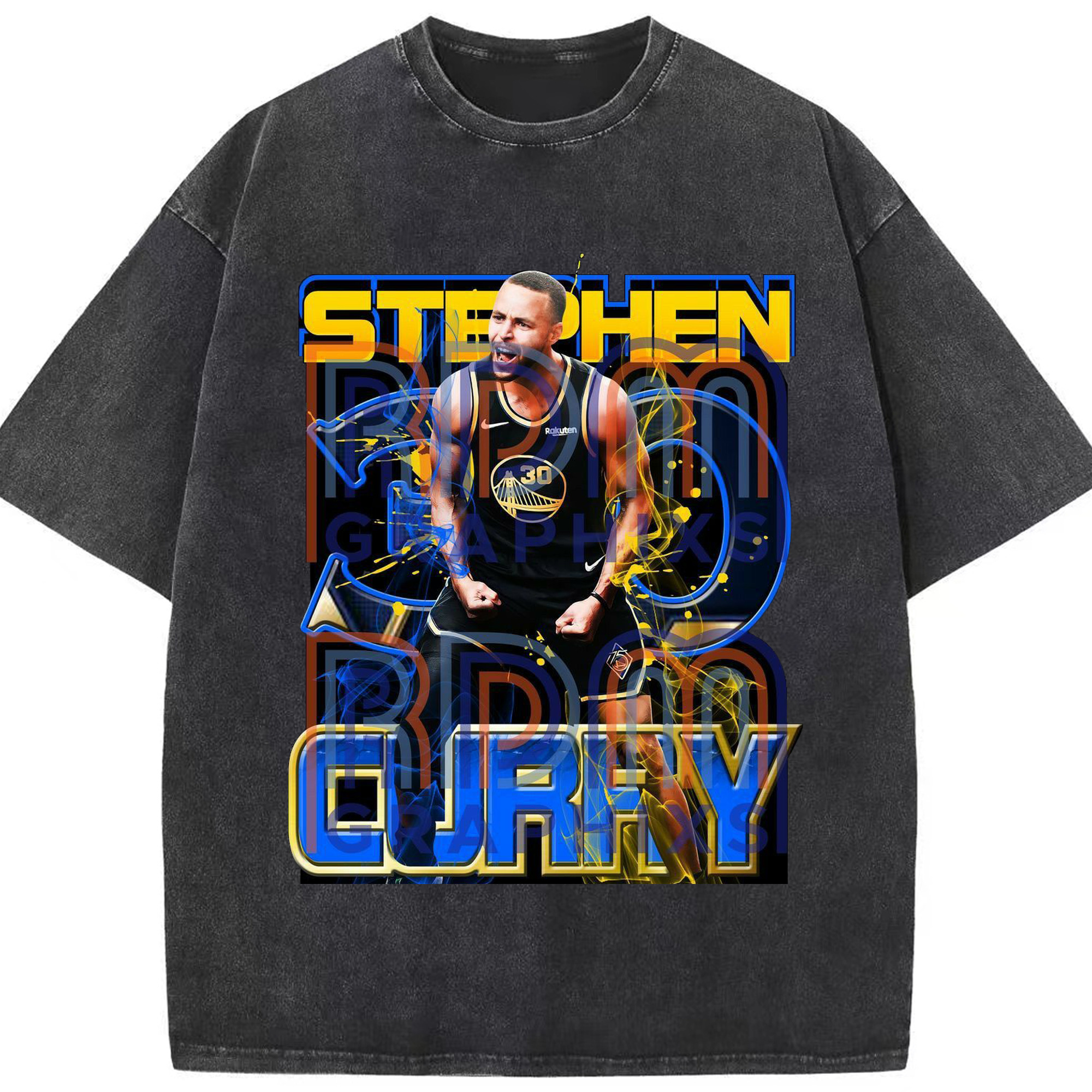 Stephen Curry Electric Blue Gold Streetwear  Victory Roar Shirt - Washed Vintage Look 230g Cotton Oversized T-Shirt With Front Heat Transfer Print – Soft, Lightweight, Stylish Fit – Comfortable Casual Wear For Sports & Everyday Use