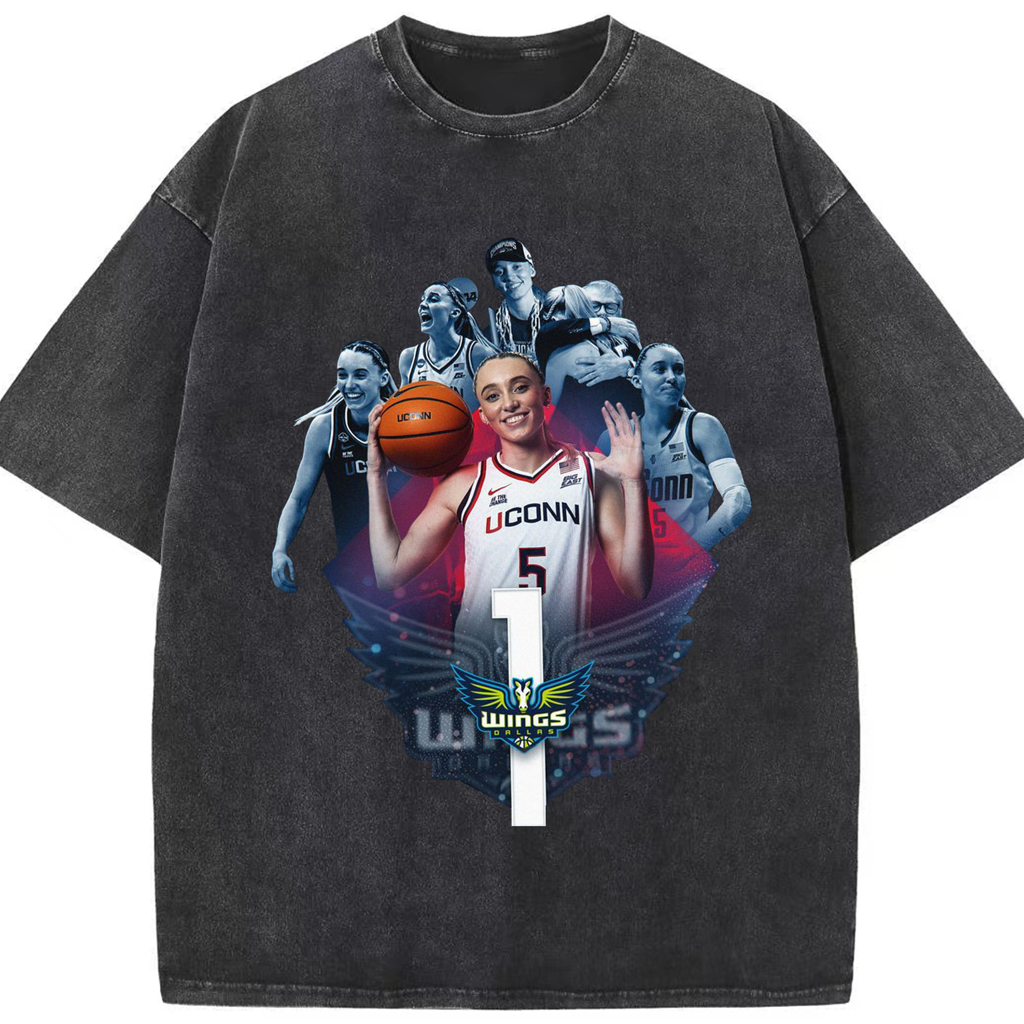 Paige Bueckers Dallas Wings #1 UConn NCAA Star Shirt - Washed Vintage Look 230g Cotton Oversized T-Shirt With Front Heat Transfer Print – Soft, Lightweight, Stylish Fit – Comfortable Casual Wear For Sports & Everyday Use