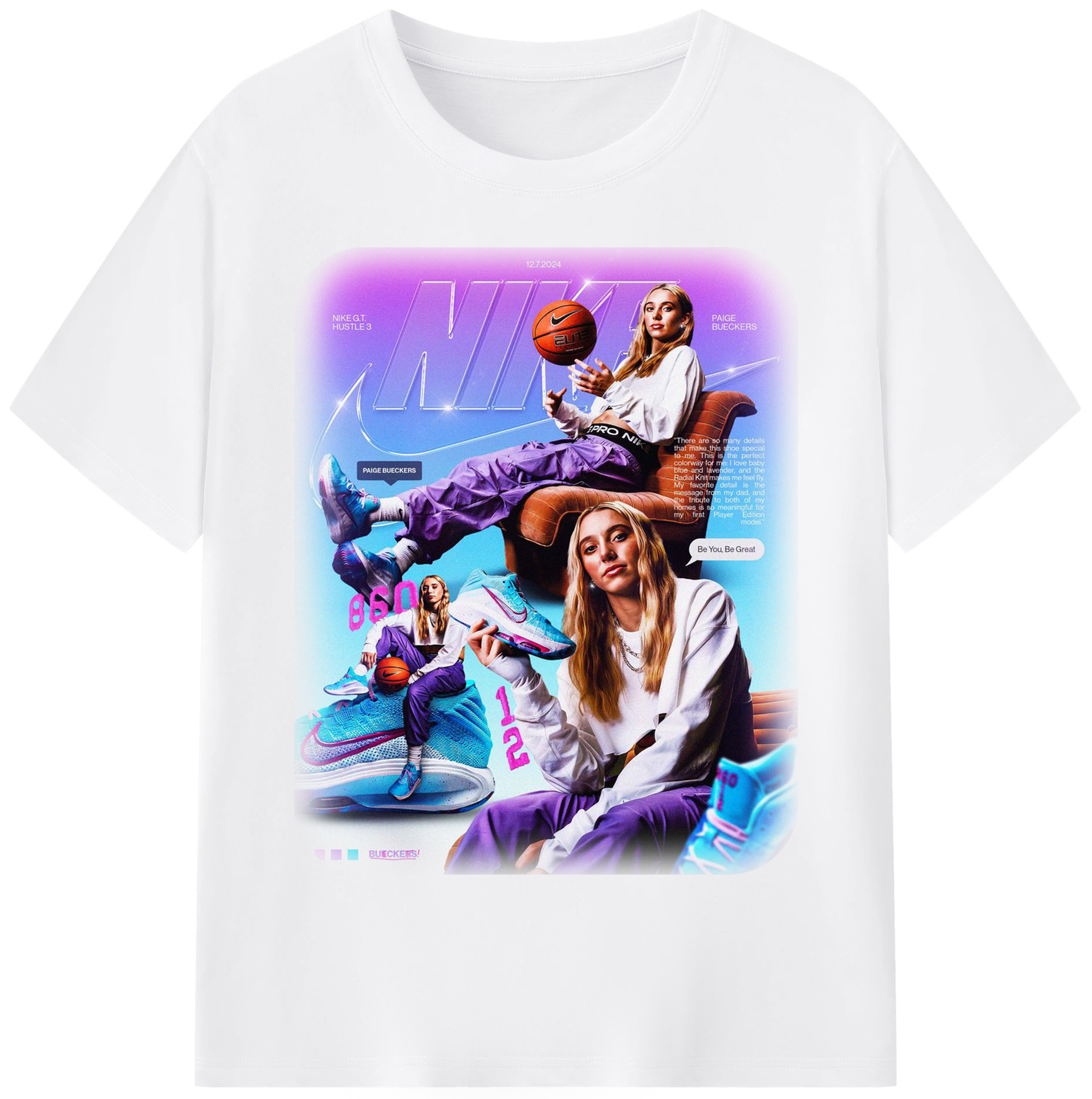 Paige Bueckers x Nike GT Hustle 3 Fan - 180g Cotton T-Shirt With Front Heat Transfer Print – Soft, Lightweight, Fitted Design – Comfortable Casual Wear For Sports & Everyday Use
