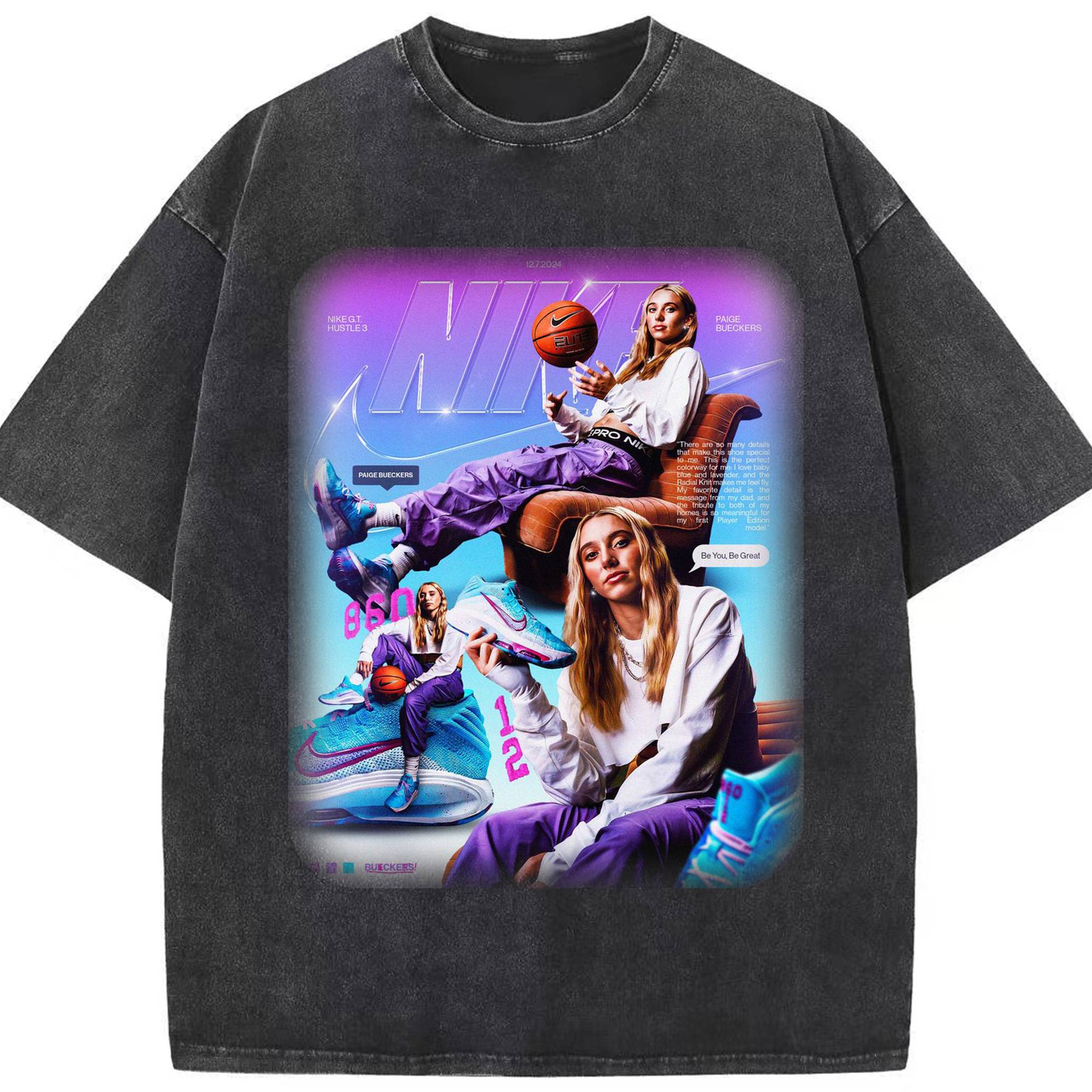 Paige Bueckers x Nike GT Hustle 3 Fan - Washed Vintage Look 230g Cotton Oversized T-Shirt With Front Heat Transfer Print – Soft, Lightweight, Stylish Fit – Comfortable Casual Wear For Sports & Everyday Use