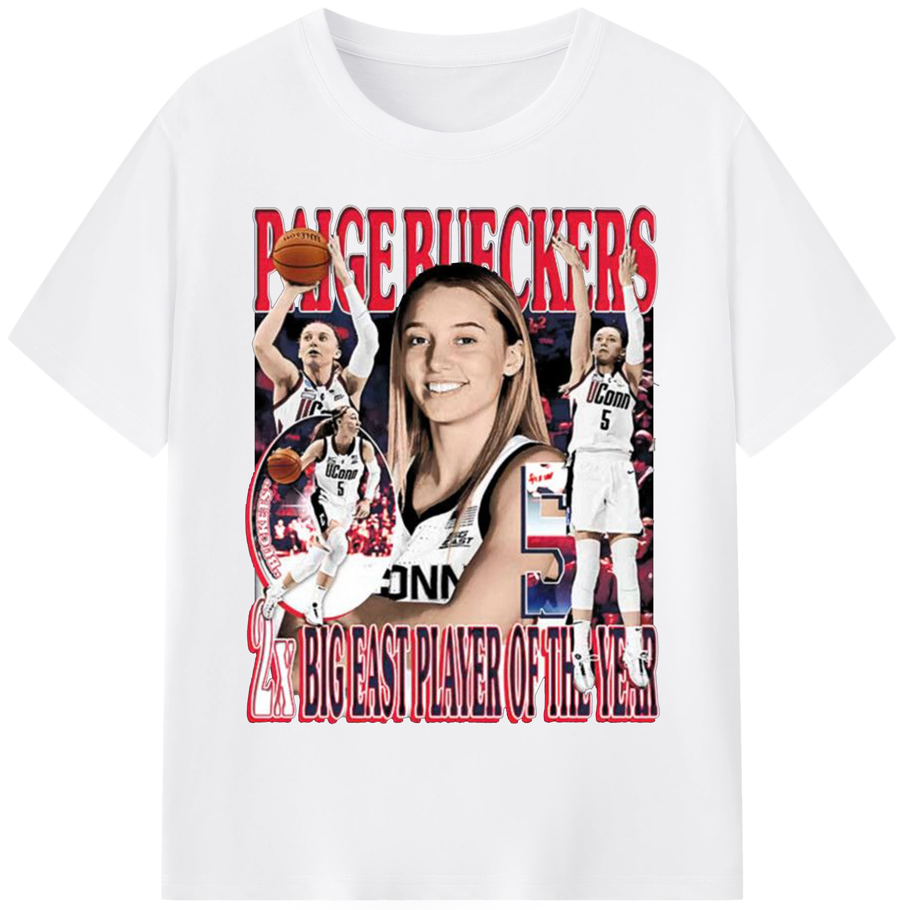 Paige Bueckers Retro Basketball Tee – 2x Big East Player of the Year - 180g Cotton T-Shirt With Front Heat Transfer Print – Soft, Lightweight, Fitted Design – Comfortable Casual Wear For Sports & Everyday Use