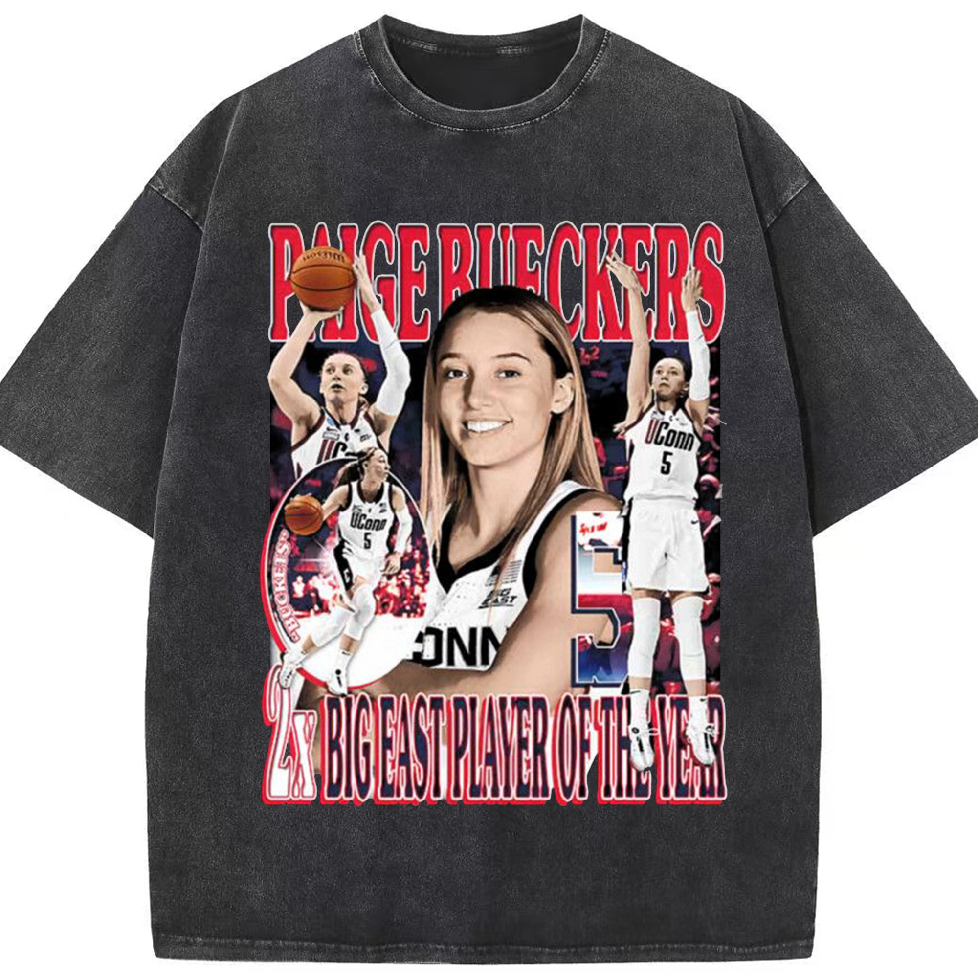 Paige Bueckers Retro Basketball Tee – 2x Big East Player of the Year - Washed Vintage Look 230g Cotton Oversized T-Shirt With Front Heat Transfer Print – Soft, Lightweight, Stylish Fit – Comfortable Casual Wear For Sports & Everyday Use