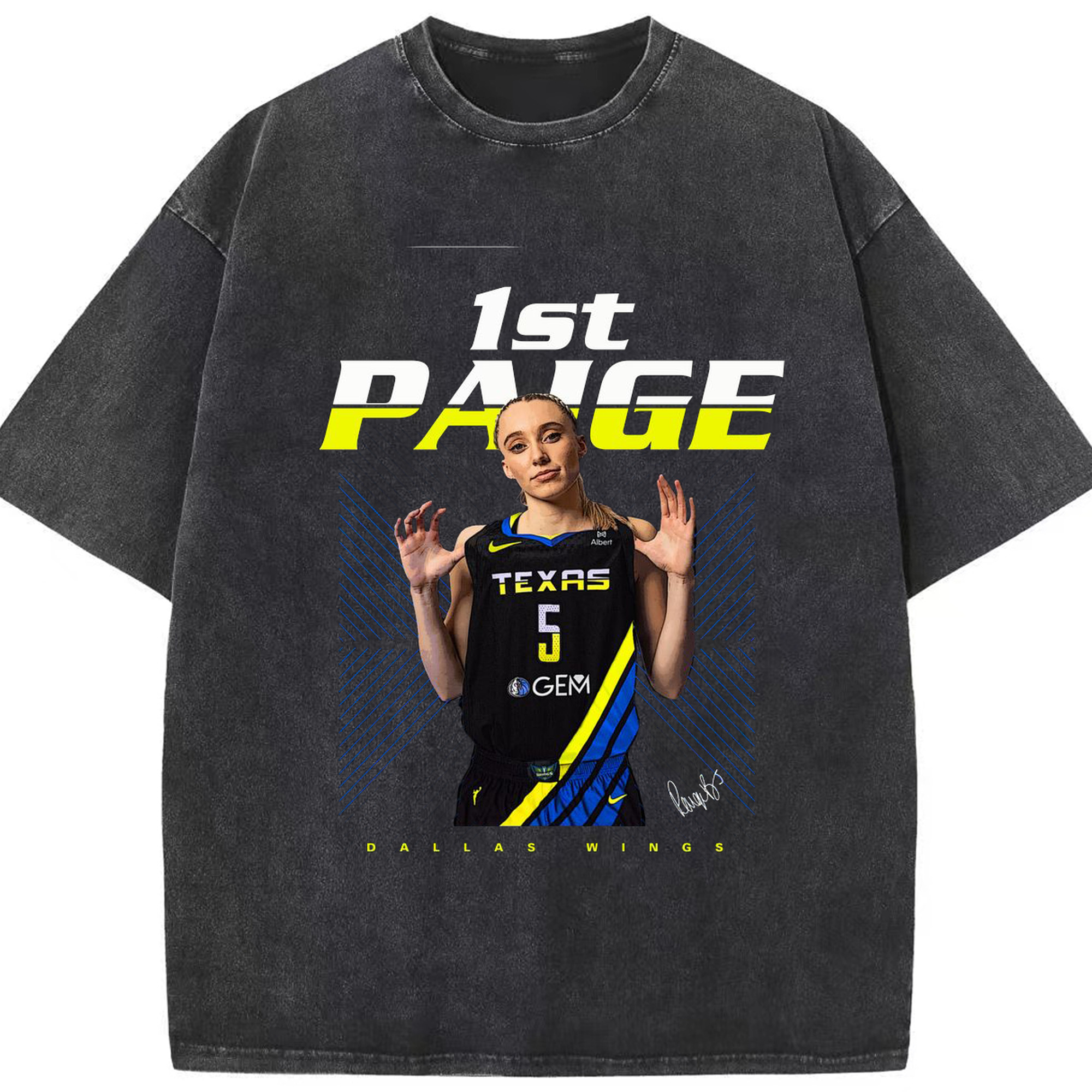 "Paige Bueckers '1st Page' Dallas Wings No.5 Graphic - Washed Vintage Look 230g Cotton Oversized T-Shirt With Front Heat Transfer Print – Soft, Lightweight, Stylish Fit – Comfortable Casual Wear For Sports & Everyday Use
